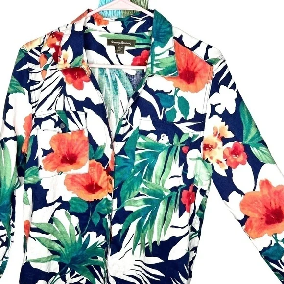 Tommy Bahama Victoria Bloom Floral Tropical Long Sleeve Palm Leaf Blouse Medium - Picture 5 of 13